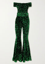 Load image into Gallery viewer, RICHARD QUINN – Off-the-Shoulder Green Sequined Tulle Jumpsuit - Size 6 - Preloved Designer Consignment
