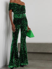 Load image into Gallery viewer, RICHARD QUINN – Off-the-Shoulder Green Sequined Tulle Jumpsuit - Size 6 - Preloved Designer Consignment
