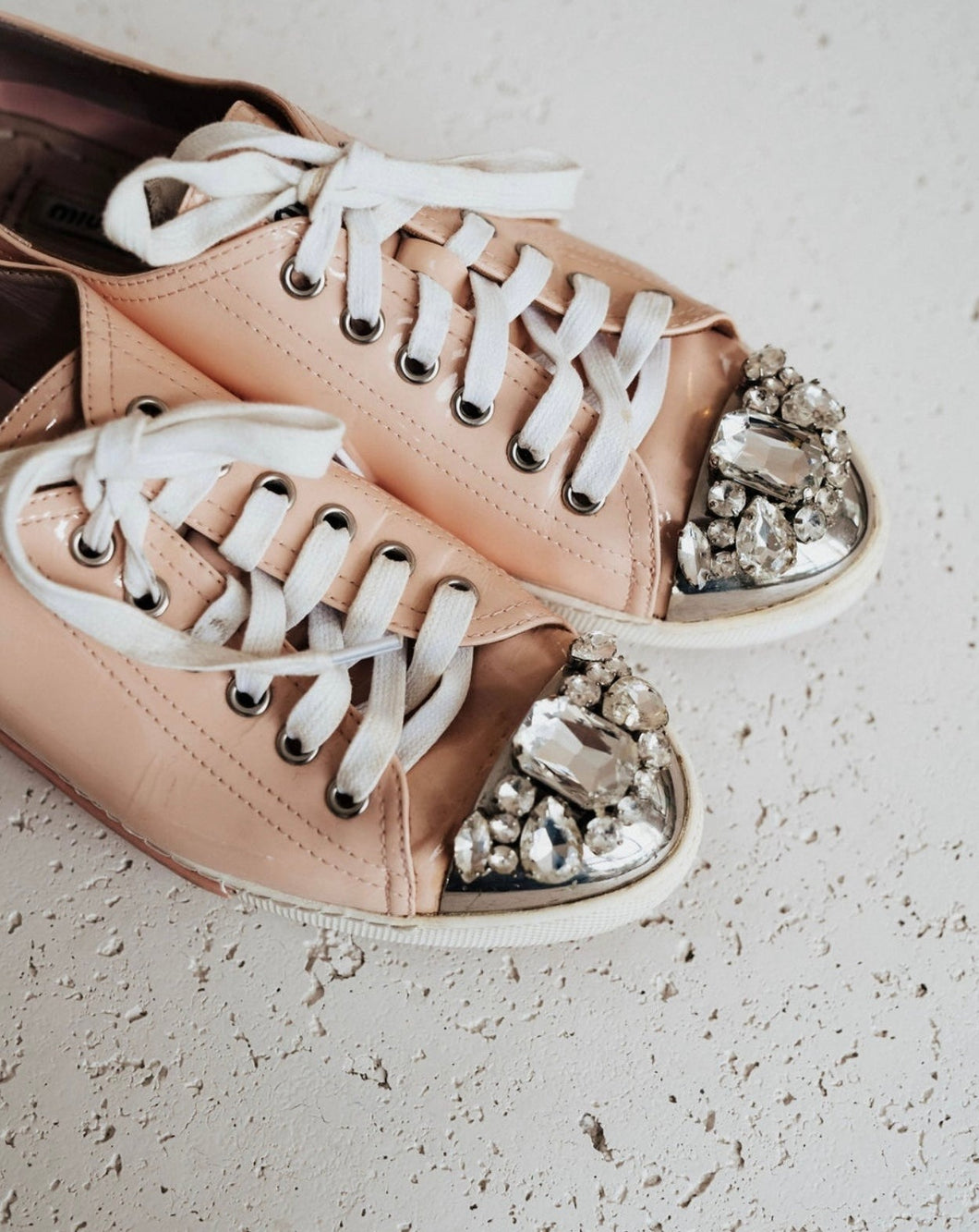 Miu Miu Pink Leather Embellished Sneakers With Crystals