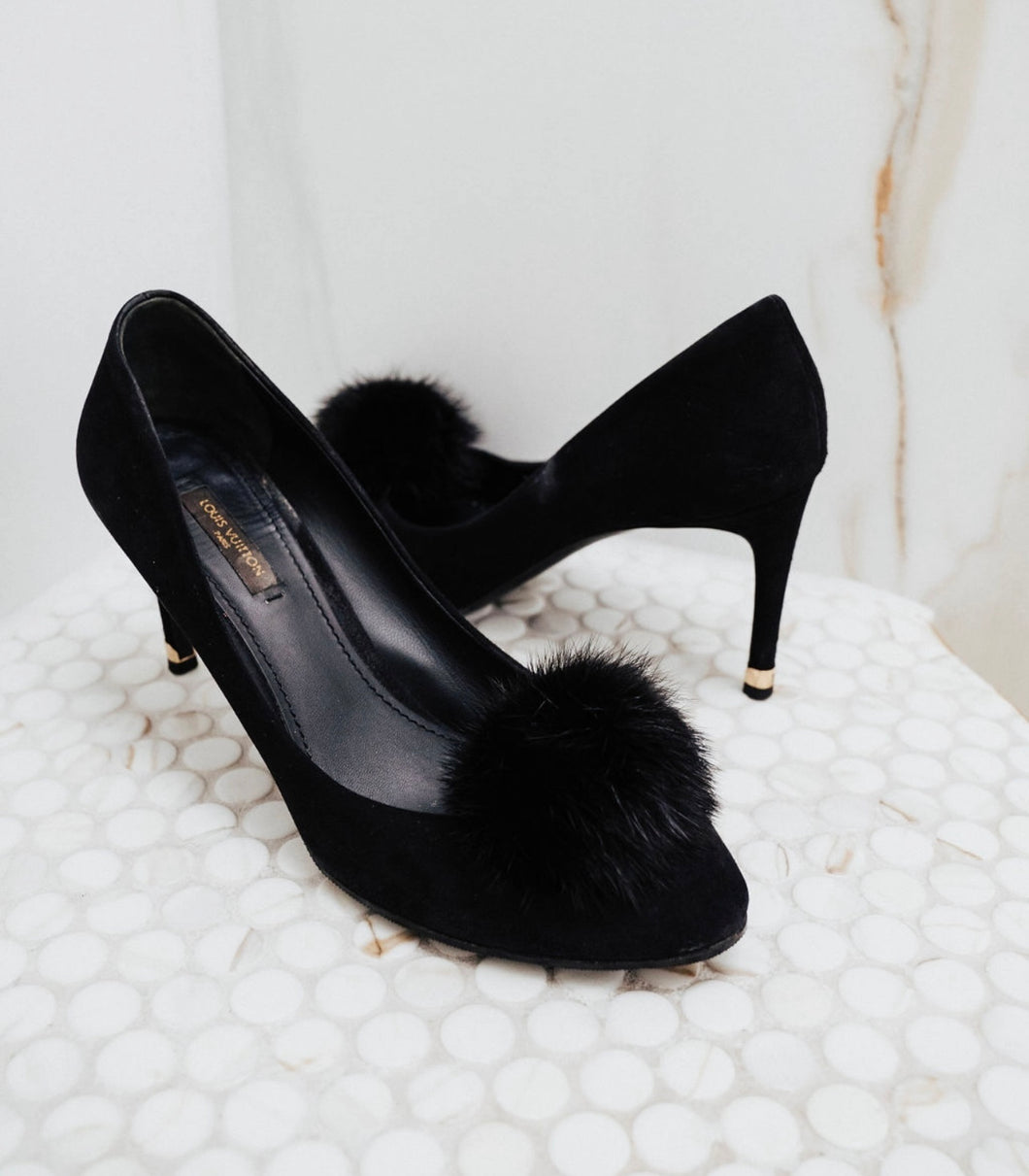 Louis Vuitton Suede Fur Pom Pom Pumps