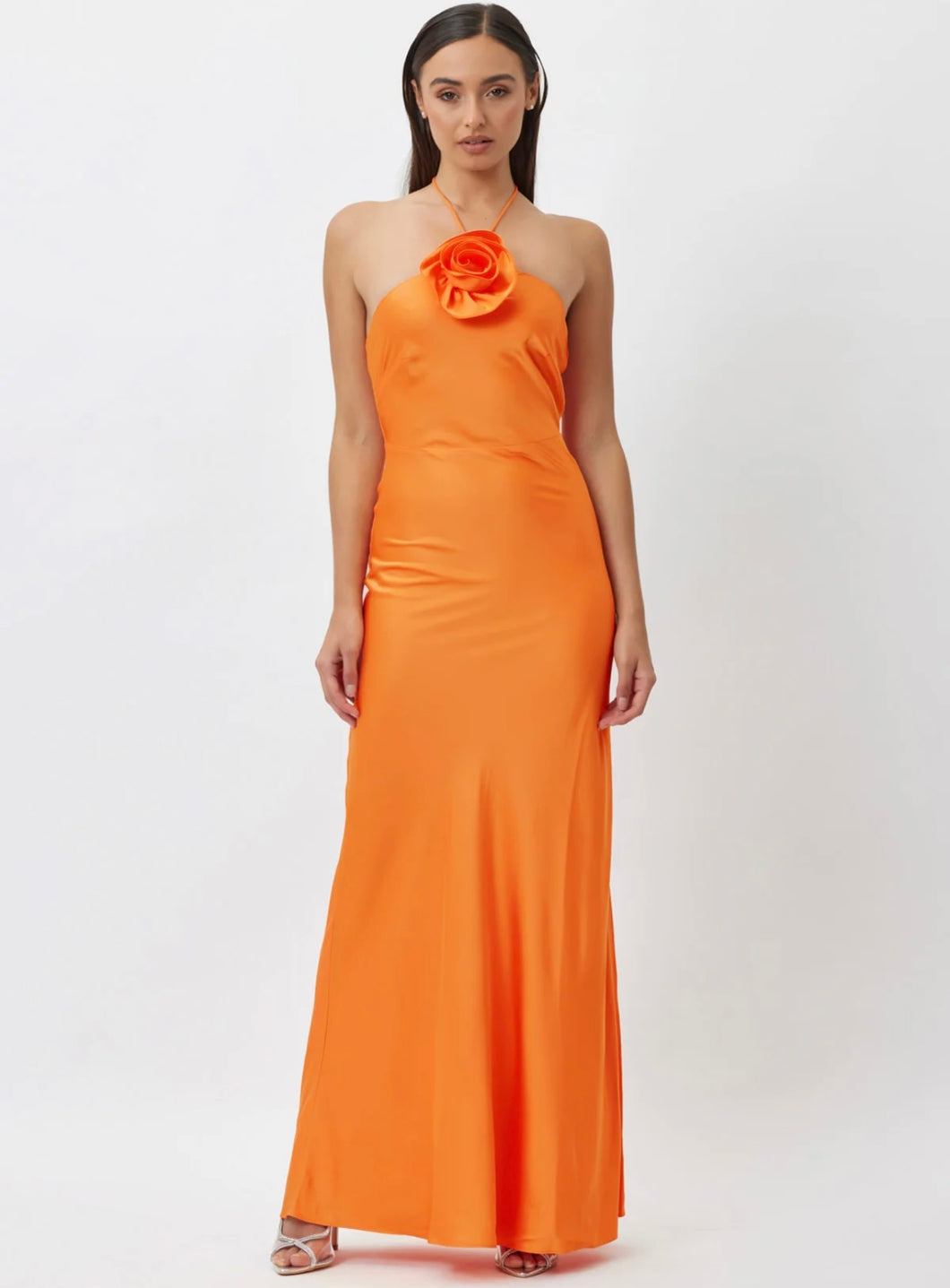 Tina Halter Dress - Orange Featuring A Flower On The Neckline