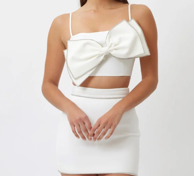 Aster Bow Crop Top White Embellished