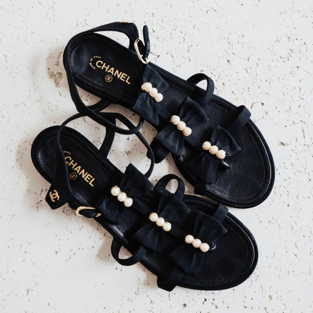 Chanel Bow Sandals With Pearl Feature